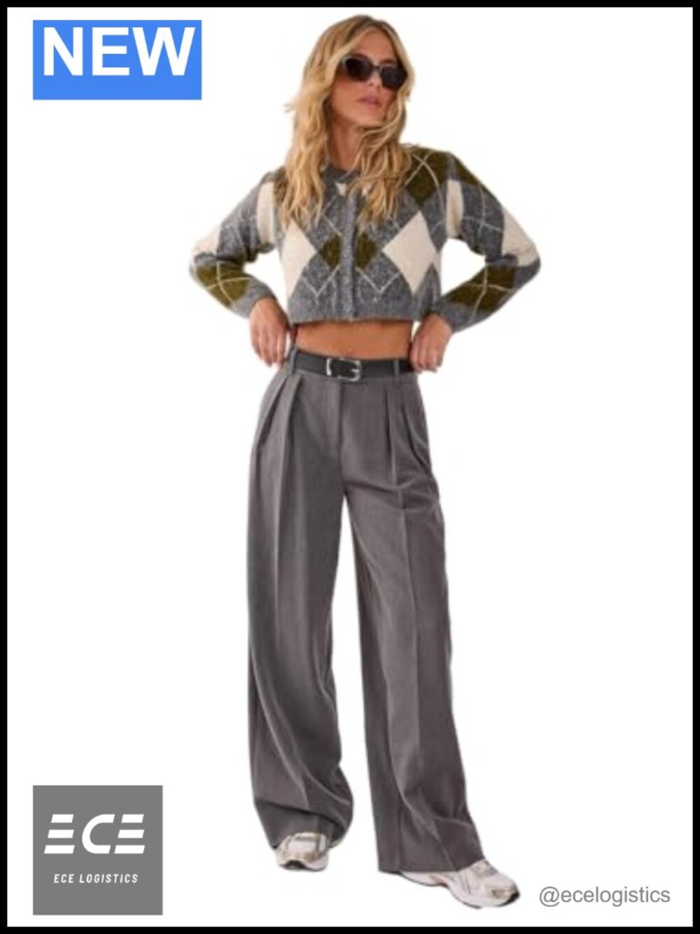 Brushed Argyle Cropped Cardigan Button Relaxed Long Sleeve Sweater